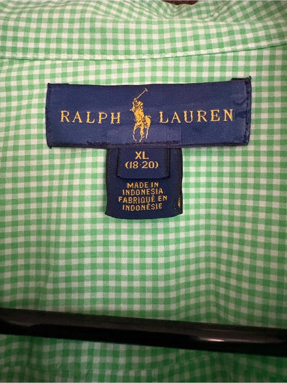 Ralph Lauren Youth Green Gingham Button Down Pink Pony Logo Dress Shirt Sz XL